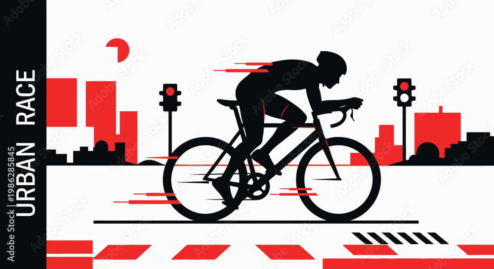 Fototapeta premium Urban Cycling Race Depicting Velocity, Cityscape, Traffic Signals and Speed, Conceptual Vector