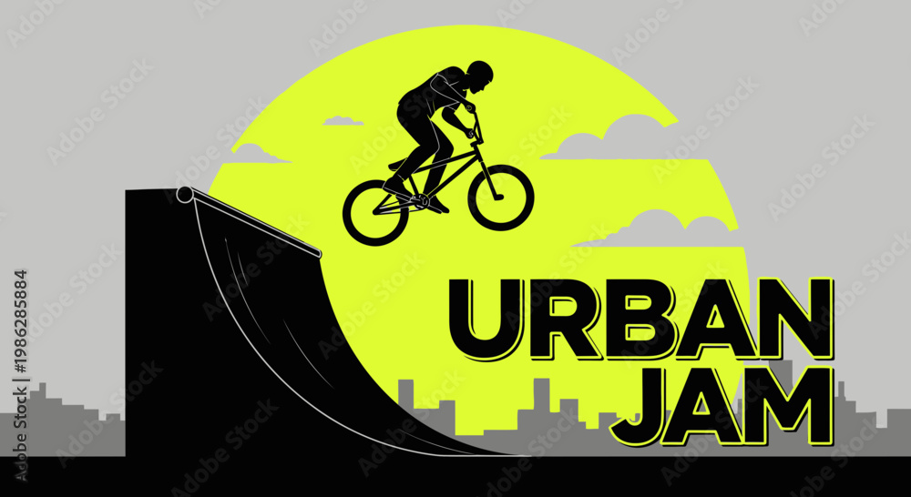 Naklejka premium Urban Cycling Spectacle: Silhouette of a BMX Rider Performing an Extreme Stunt in a City