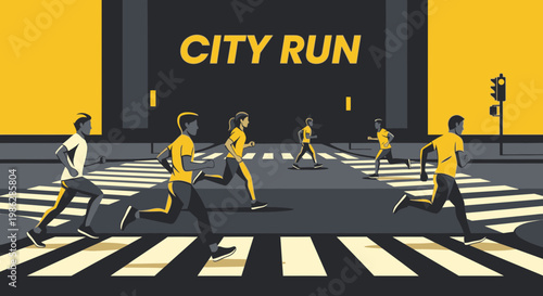 Urban Marathon Depiction Of Runners Crossing A Zebra Crossing In A City Environment