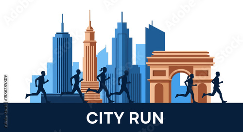 Urban Marathon Depiction of People Running in Front of City Architecture Silhouette