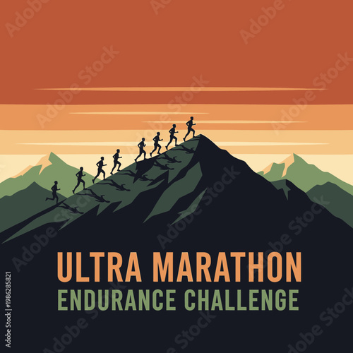 Uphill Runners Ascending Mountain Silhouette Against Sunset Sky Endurance Race Concept
