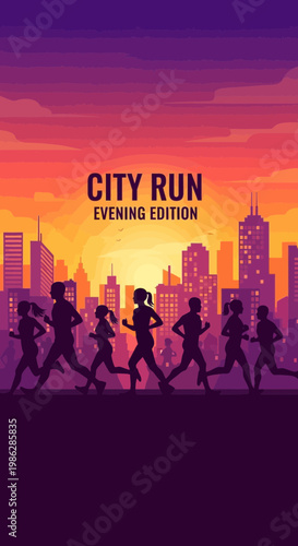 Urban Marathon Evening Silhouette Runners Against Vibrant City Skyline Sunset