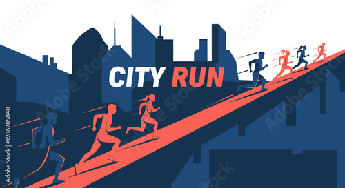 Urban Marathon Depiction Showcasing Runners and Cityscape, Promoting Active Lifestyles