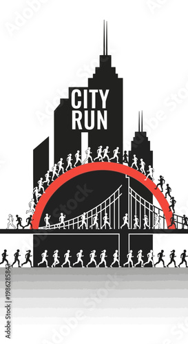 Urban Marathon Depiction Showcasing Runners Navigating Cityscape Architecture in Motion