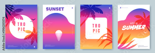 Summer poster set with vibrant sunset gradients and tropical elements. Minimalist summer layouts with palm leaves, ocean horizon, place for text. Ideal for banner, flyer, social media.