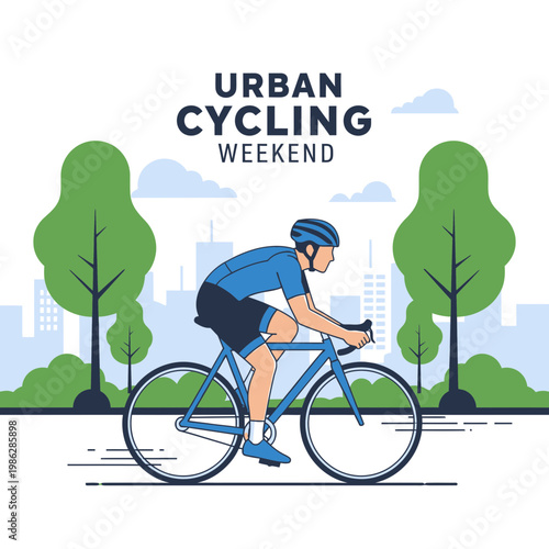 Urban Cycling Weekend Illustration: A Cyclist Enjoys The City Park Ride, Promoting Fitness and