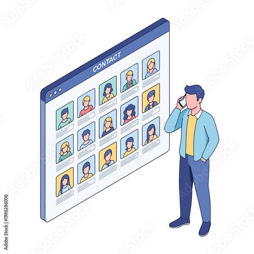 Man interacts with large contact list on phone in modern illustration