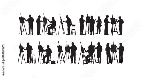 Artists silhouettes painting on easels in studio workshop showing creative process and art education vector illustration.