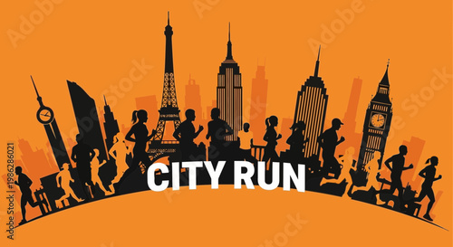 Urban Marathon Illustration Depicting Runners In Front Of Iconic Cityscapes