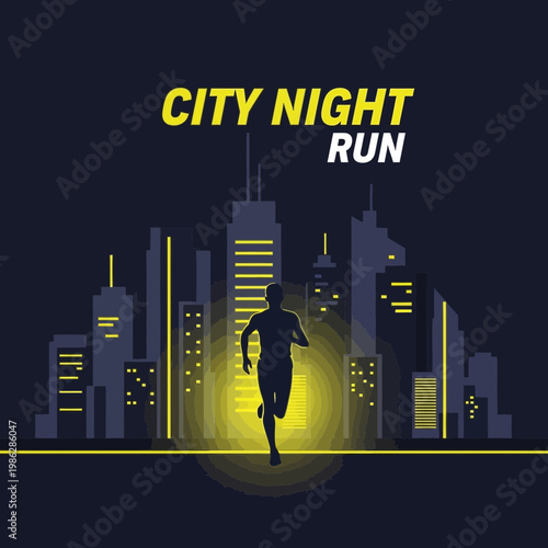 Urban Runner Silhouette At Night With Cityscape Background
