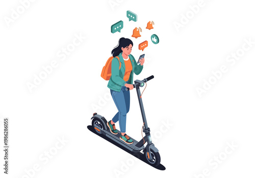 Woman riding scooter while looking at phone with money flying around her.