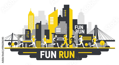 Urban Fun Run Event With Diverse Participants And Cityscape Background