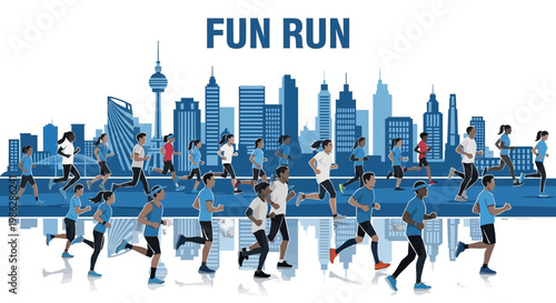 Urban Fun Run Event Depicting People Running Marathon in Front of Skyline Scenery