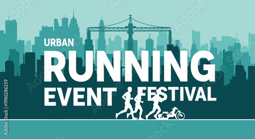 Urban Running Event Festival in Cityscape Silhouette, Sports Theme, Marathon Runners