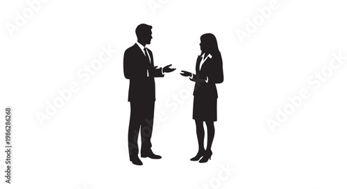 Business man and woman in formal attire discussing ideas, representing corporate communication, teamwork, and professional collaboration in business.