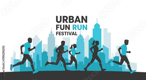 Urban Fun Run Festival Illustration With People Running In City Background