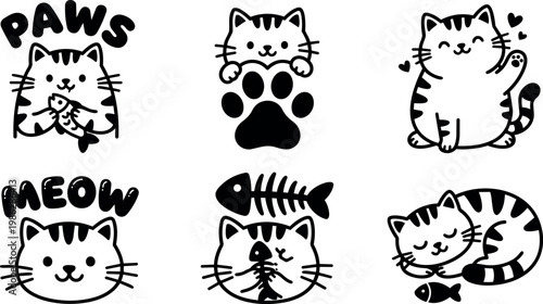 Black and white cute cats with fish and paws playful cartoon vector art