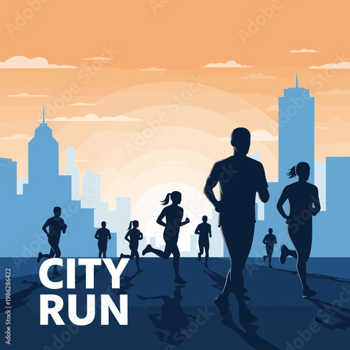 Urban Marathon Silhouette: Dynamic City Run Illustration Featuring Diverse Runners in Morning Light