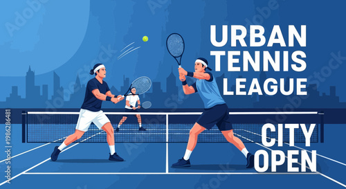 Urban Tennis Tournament Illustration Featuring Athletes Competing on a Court With a City Backdrop