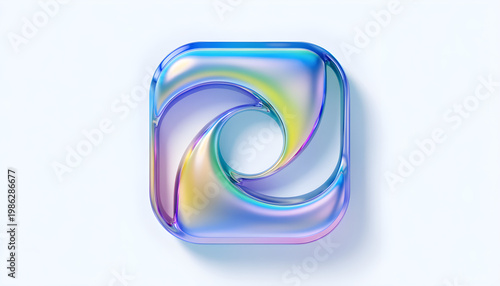Vibrant Holographic Abstract 3D Shape with Swirling Design and Iridescent Glass Effect on White Background