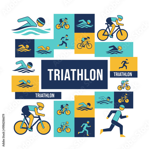 Vibrant And Dynamic Triathlon Icons Depicting Swimming Cycling And Running Competitions