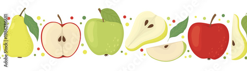 Seamless border with apples, pears and leaves. Horizontal pattern of colorful fruits and slices