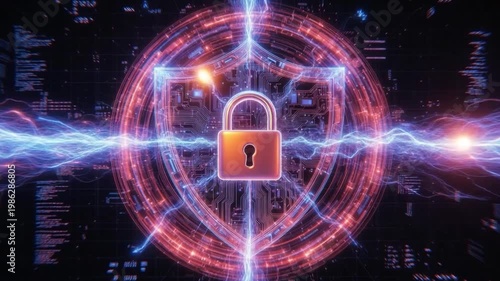 Futuristic neon padlock and shield on a circuit board with glowing energy rings. Cybersecurity and data protection concept. Light and glare animation.