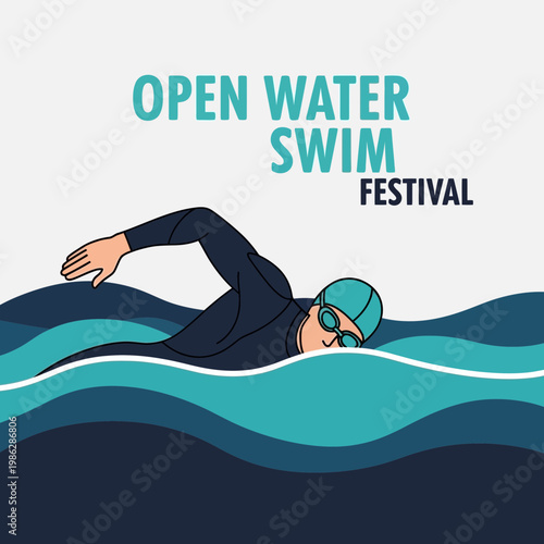 Vibrant Aquatic Event: Showcasing Open Water Swimming Festival With Dynamic Illustration