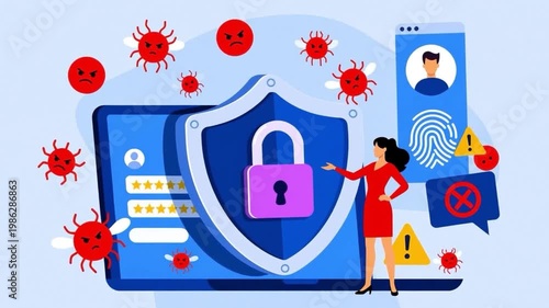 Woman holding a shield with a lock protects a digital interface with fingerprint login from virus threats. Cybersecurity and data protection concept. Light wiggle animation.