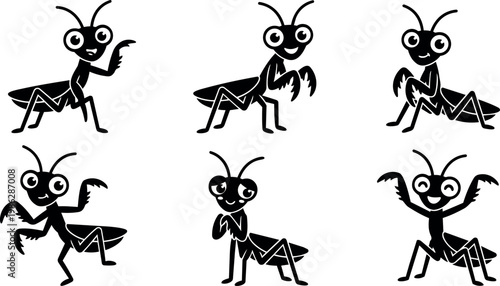 Black and white cartoon praying mantis characters with varied poses and expressions