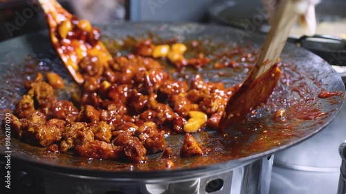 Korean Street Food - Dakgangjeong, Sweet Crispy Korean Fried Chicken, variety of different traditional food selection in Seoul, South Korea, night street market with local vendor stalls cooking 