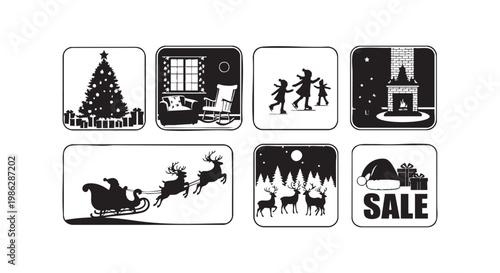 Christmas holiday design elements set with tree, presents, fireplace, Santa, reindeer, and sale text.