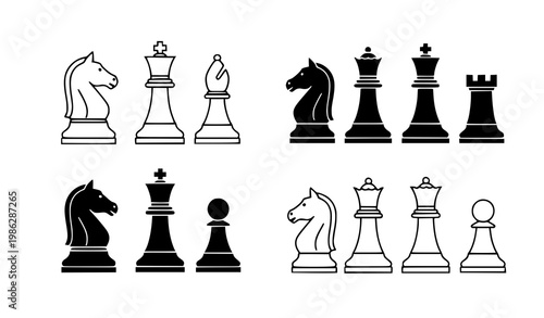 Flat vector chess icons set in outline and silhouette black and white for UI, apps, and print designs