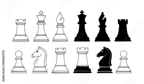 Black and white chess piece vector set in outline and silhouette style for board games and educational illustrations