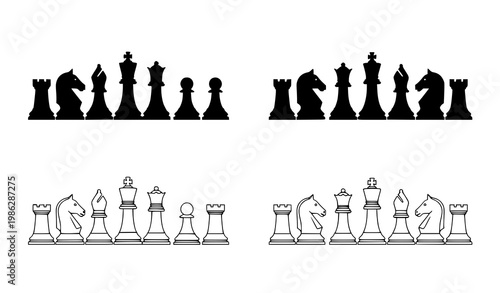 Chess vector set in black and white with outline and silhouette pieces for educational and minimalist design projects