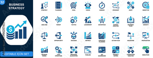 Business strategy icon set. Goal, vision, mission, planning, roadmap, SWOT, competitive advantage, objectives, leadership, analysis. Solid icons collection. Vector.