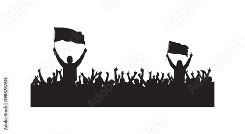 Crowd of cheering fans holding flags, black silhouettes. joyful people celebrating, raising hands.