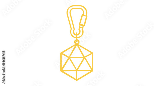 Minimalist vector illustration of a carabiner keychain with a geometric faceted icosahedron pendant, orange gradient line icon for fashion accessories, climbing gear, and gaming gear.