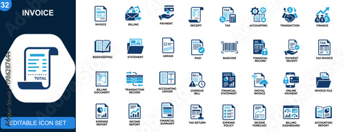 Invoice icon set, billing, payment, receipt, tax, accounting, transaction, finance, barcode, bookkeeping. Solid icons collection. Vector.