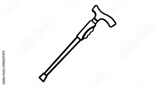 Minimalist walking cane line icon vector illustration, adjustable mobility aid for elderly and disabled, orthopedic walking stick symbol, health care and rehabilitation equipment graphic.