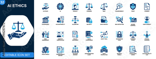 Photos AI ethics icon set, data privacy, algorithm bias, fairness, transparency, explainable AI, trust, consent, accountability, governance