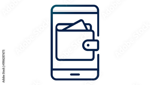 Digital Wallet and Mobile Payment Vector Icon Illustration Featuring a Wallet on a Smartphone Screen, Minimalist Line Art Design for E-commerce, Finance, Online Banking, and Fintech Applications
