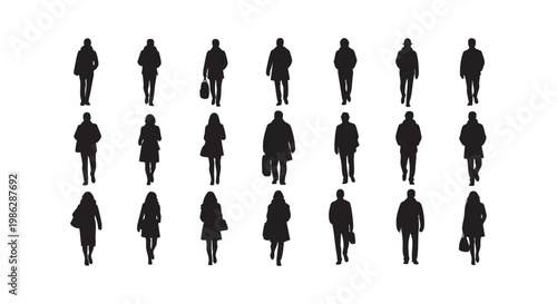 Crowd of diverse people silhouettes in coats and bags walking on white background.