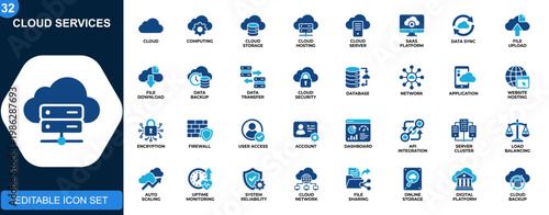 Cloud services icon set, cloud computing, storage, hosting, sync, backup, upload, server, SaaS platform, security. Editable icons collection. Vector.