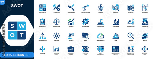 SWOT analysis icon set, strengths, weaknesses, opportunities, threats, strategic assessment, business evaluation, planning framework. Solid icons collection. Vector.