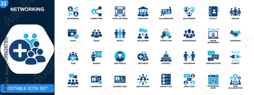 Networking icon set, social connections, community, collaboration, events, professional interaction, contact, relationship, online networking. Solid icons collection. Vector.