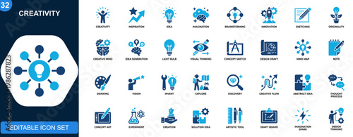 Creativity icon set, inspiration, imagination, idea generation, brainstorming, sketching, innovation, originality, visual thinking. Editable icons collection. Vector.