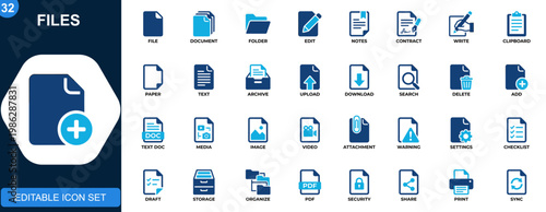Files icon set, document, folder, edit, notes, contract, upload, clipboard, paper, writing tools. Solid icons collection. Vector.