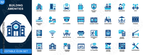 Building amenities icon set. Residential facilities, parking, elevator, security, reception, concierge, gym, pool, property services. Solid icons collection. Vector.