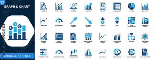 Graph and chart icon set, analytics, growth, statistics, dashboard, report, pie chart, bar chart, trend, performance. Solid icons collection. Vector.
